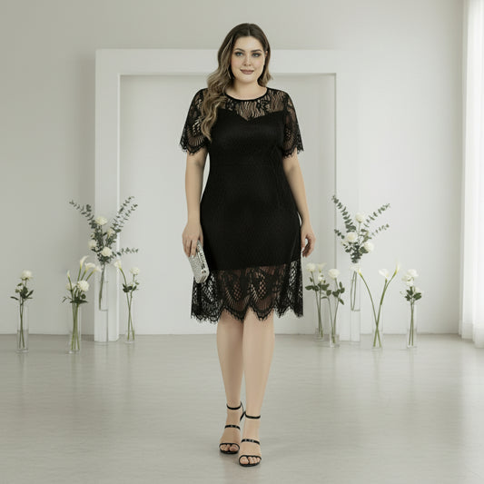 Rochie din dantela cu croiala dreapta si terminatie sculptata, Dalia