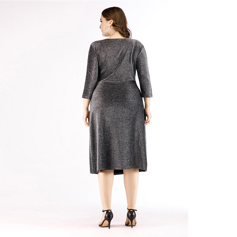 Rochie midi cu decolteu in V, maneci trei sferturi si croiala evazata, Evelin