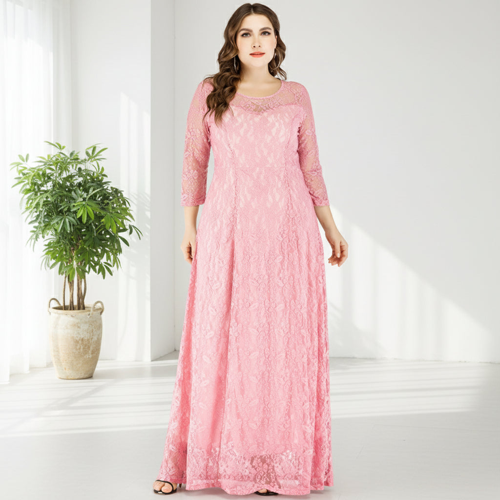 Rochie lunga din dantela elastica cu maneci trei sferturi si croiala in A, Sofia