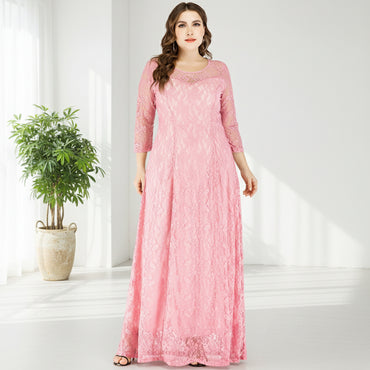 Rochie lunga din dantela elastica cu maneci trei sferturi si croiala in A, Sofia