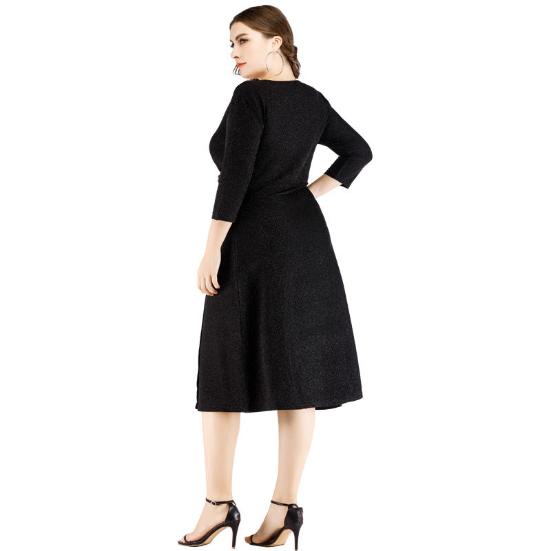 Rochie midi cu decolteu in V, maneci trei sferturi si croiala evazata, Evelin