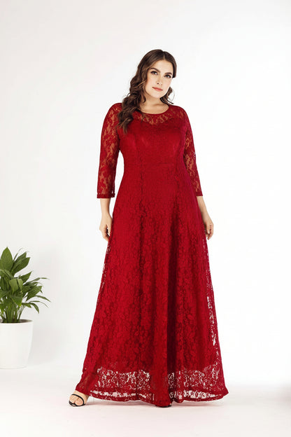 Rochie lunga din dantela elastica cu maneci trei sferturi si croiala in A, Sofia