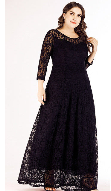 Rochie lunga din dantela elastica cu maneci trei sferturi si croiala in A, Sofia