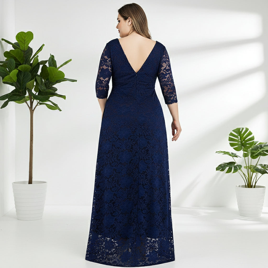 Rochie lunga din dantela elastica cu maneci trei sferturi si croiala clasica, Diana