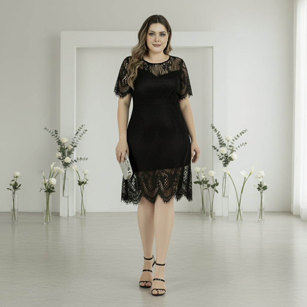 Rochie din dantela cu croiala dreapta si terminatie sculptata, Dalia