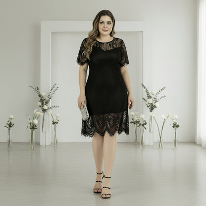 Rochie din dantela cu croiala dreapta si terminatie sculptata, Dalia