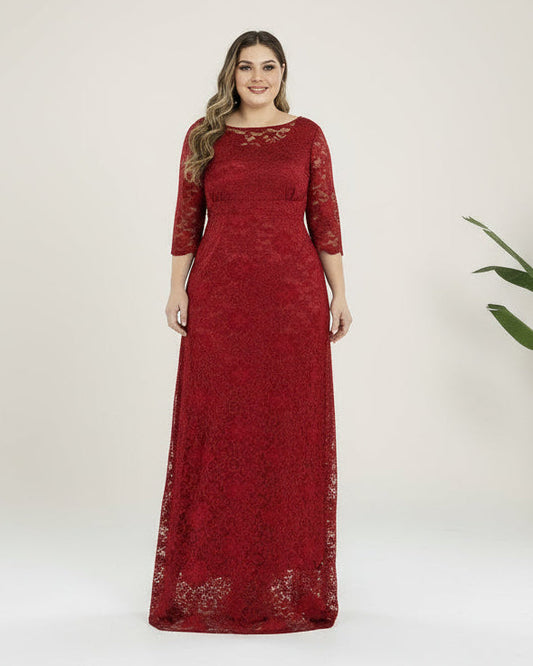 Rochie lunga din dantela elastica cu maneci trei sferturi si croiala clasica, Diana