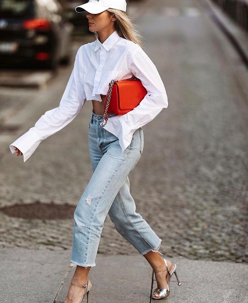 Camasa cropped din bumbac, Blanca