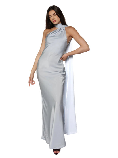 Rochie lunga satinata cu detaliu tip esarfa fluida, Alma