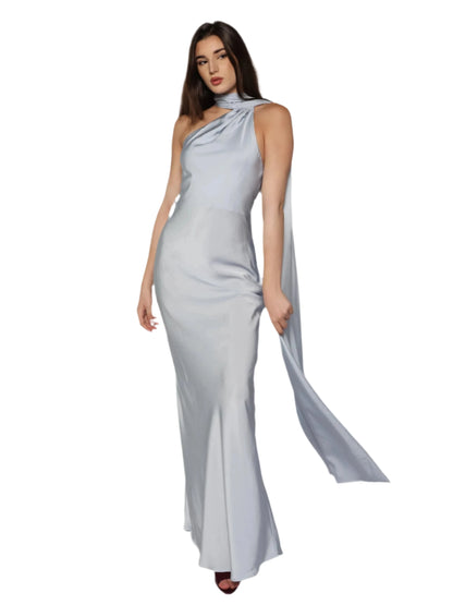 Rochie lunga satinata cu detaliu tip esarfa fluida, Alma