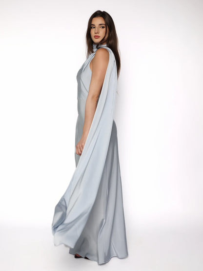 Rochie lunga satinata cu detaliu tip esarfa fluida, Alma