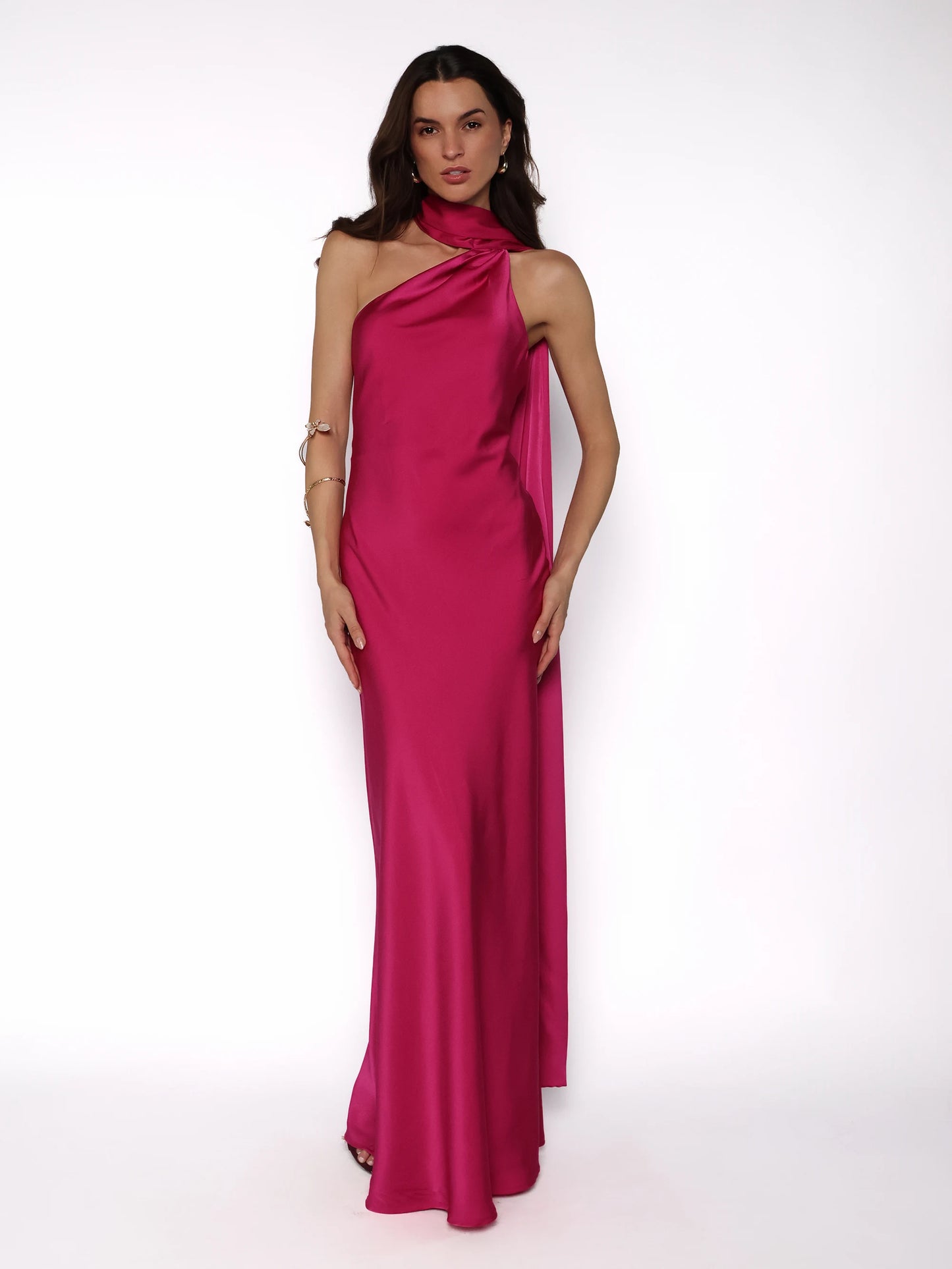 Rochie lunga satinata cu detaliu tip esarfa fluida, Alma