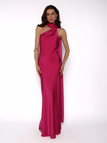 Rochie lunga satinata cu detaliu tip esarfa fluida, Alma