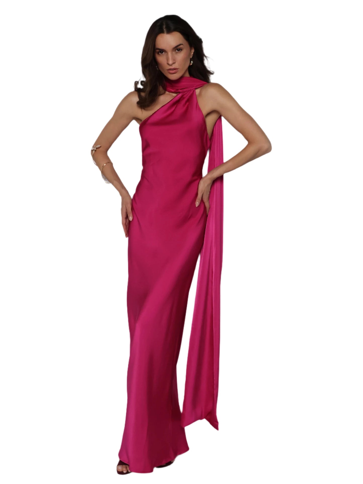 Rochie lunga satinata cu detaliu tip esarfa fluida, Alma