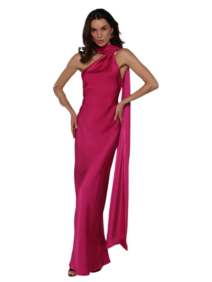 Rochie lunga satinata cu detaliu tip esarfa fluida, Alma