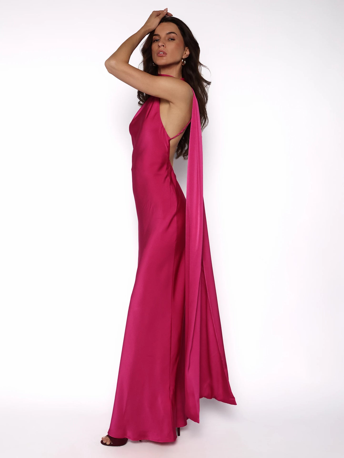 Rochie lunga satinata cu detaliu tip esarfa fluida, Alma