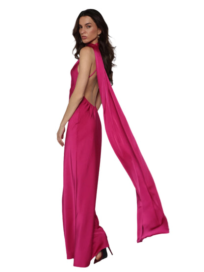 Rochie lunga satinata cu detaliu tip esarfa fluida, Alma