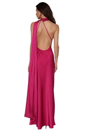 Rochie lunga satinata cu detaliu tip esarfa fluida, Alma