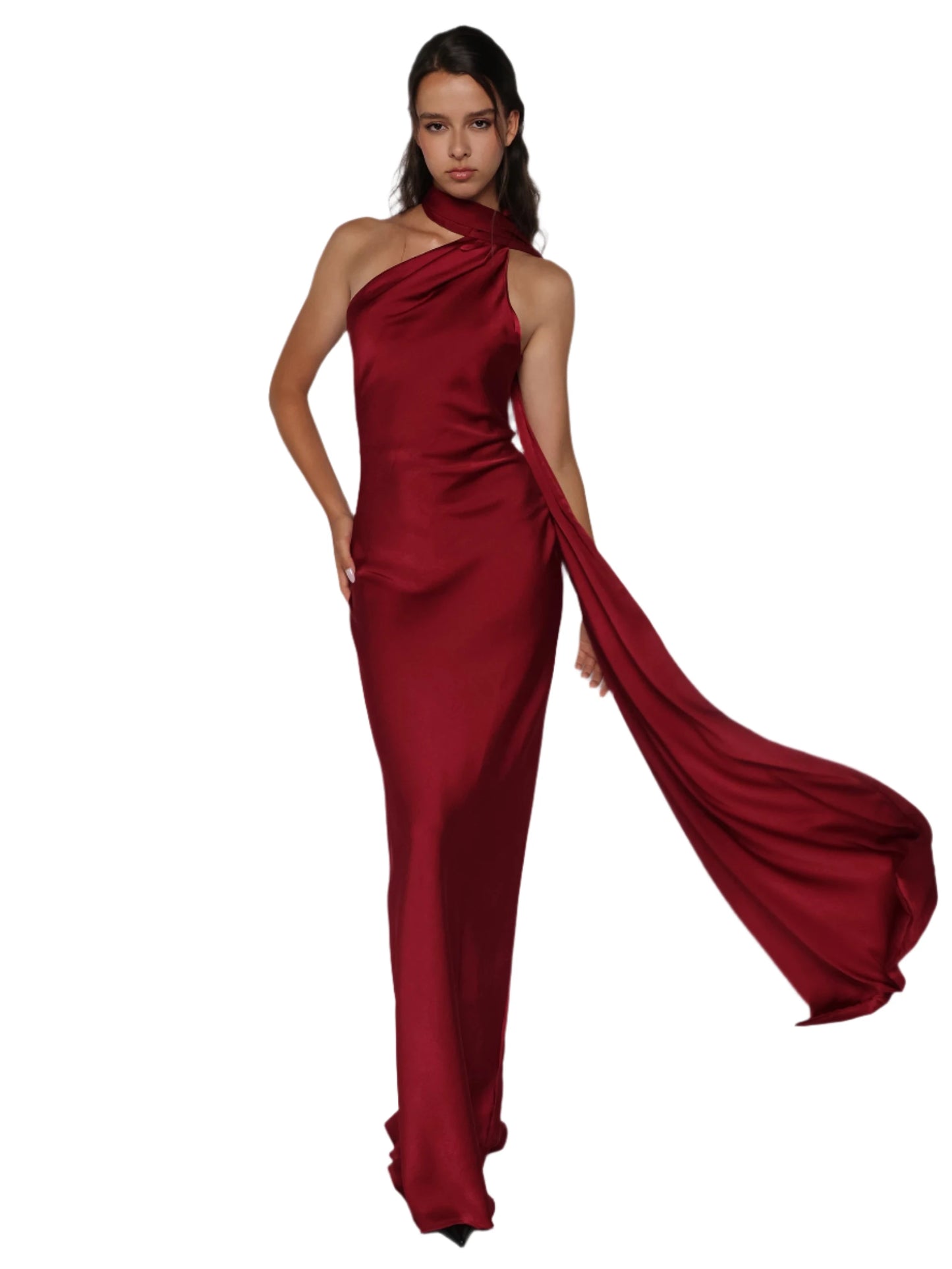 Rochie lunga satinata cu detaliu tip esarfa fluida, Alma