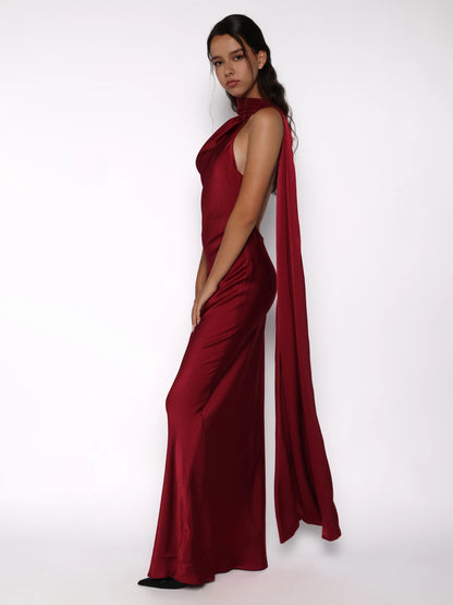 Rochie lunga satinata cu detaliu tip esarfa fluida, Alma