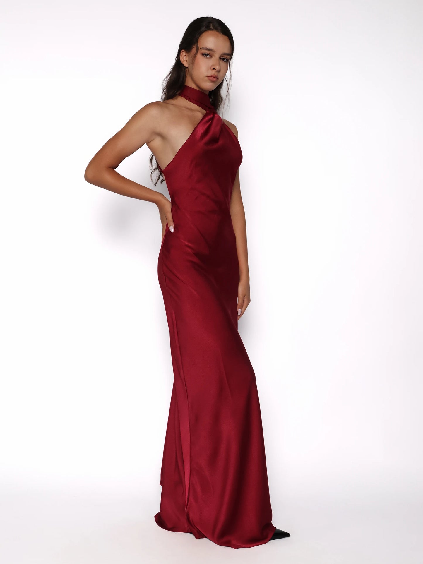 Rochie lunga satinata cu detaliu tip esarfa fluida, Alma