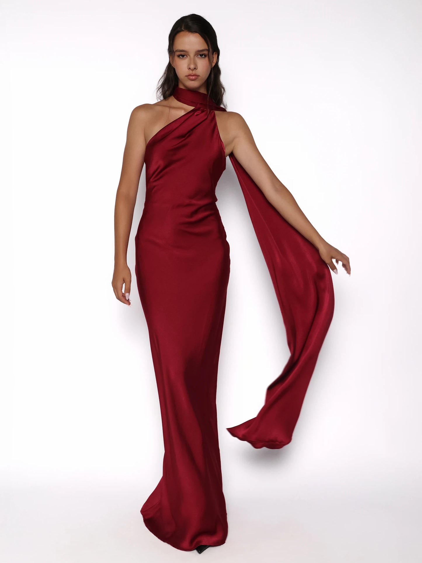 Rochie lunga satinata cu detaliu tip esarfa fluida, Alma