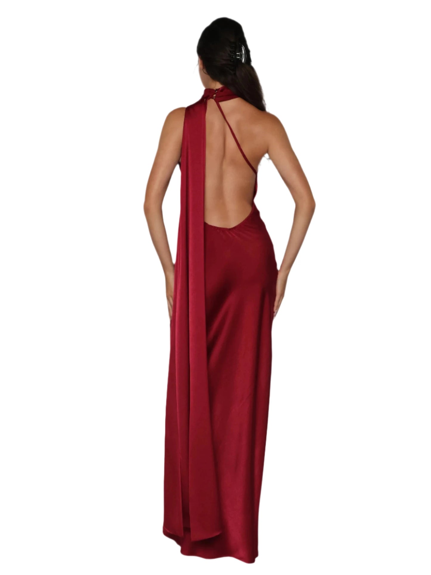 Rochie lunga satinata cu detaliu tip esarfa fluida, Alma