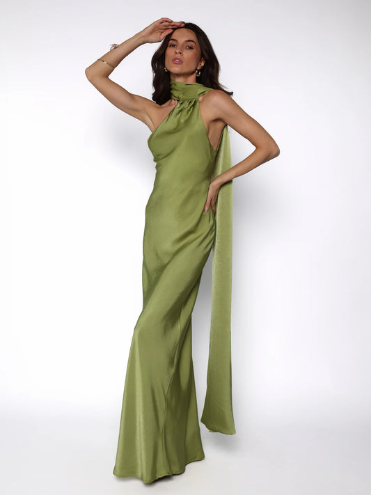 Rochie lunga satinata cu detaliu tip esarfa fluida, Alma