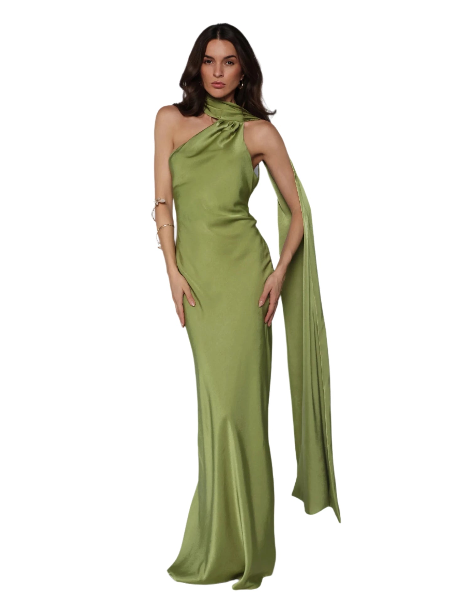 Rochie lunga satinata cu detaliu tip esarfa fluida, Alma