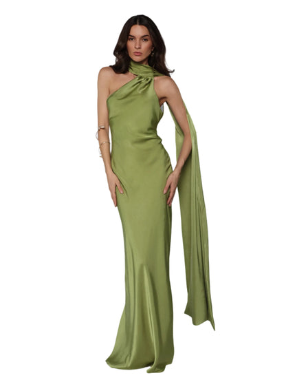 Rochie lunga satinata cu detaliu tip esarfa fluida, Alma