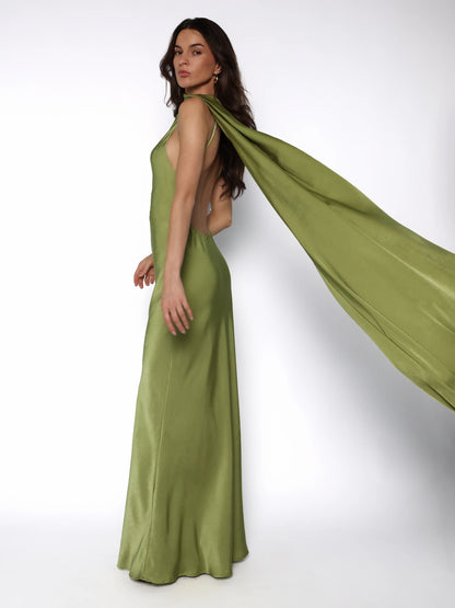 Rochie lunga satinata cu detaliu tip esarfa fluida, Alma
