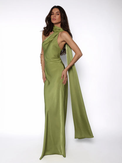 Rochie lunga satinata cu detaliu tip esarfa fluida, Alma