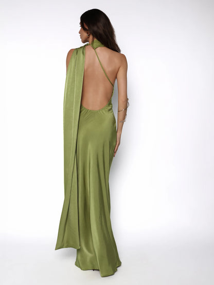 Rochie lunga satinata cu detaliu tip esarfa fluida, Alma