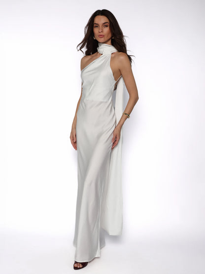 Rochie lunga satinata cu detaliu tip esarfa fluida, Alma