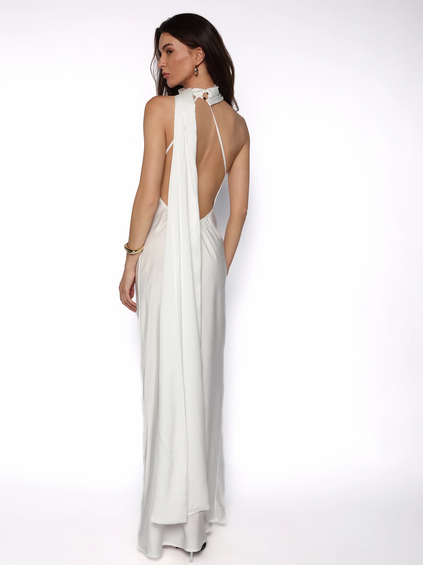 Rochie lunga satinata cu detaliu tip esarfa fluida, Alma