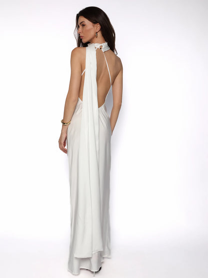 Rochie lunga satinata cu detaliu tip esarfa fluida, Alma