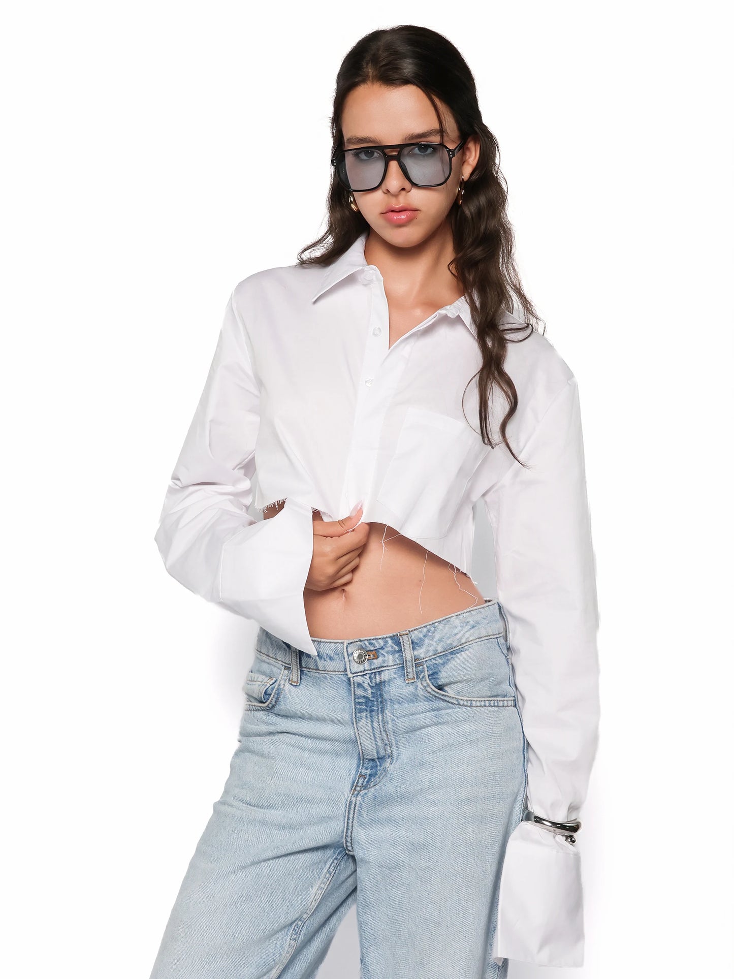 Camasa cropped din bumbac, Blanca