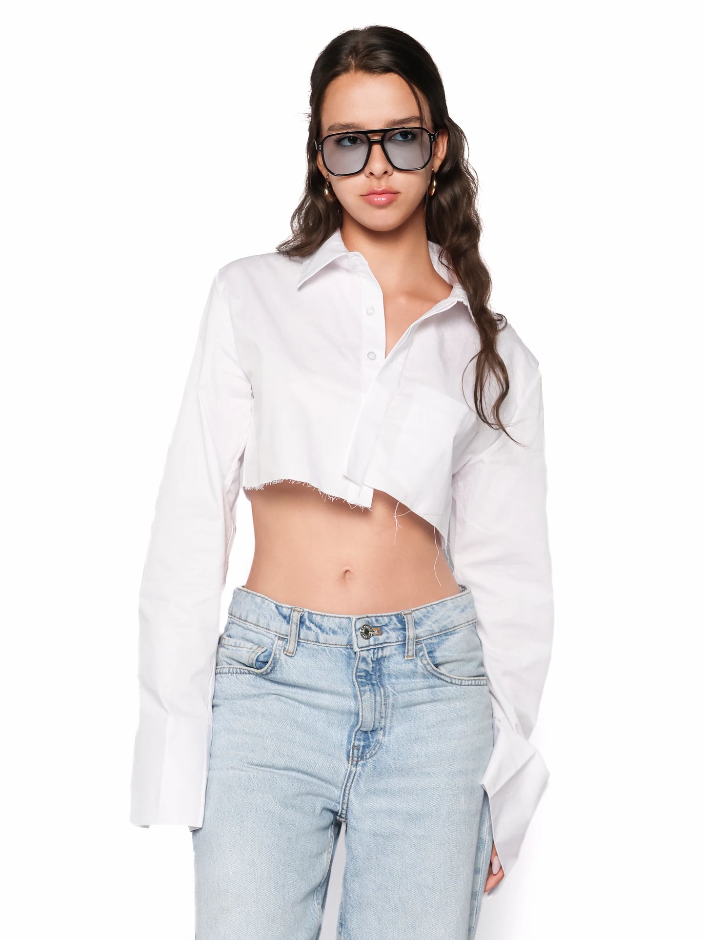 Camasa cropped din bumbac, Blanca