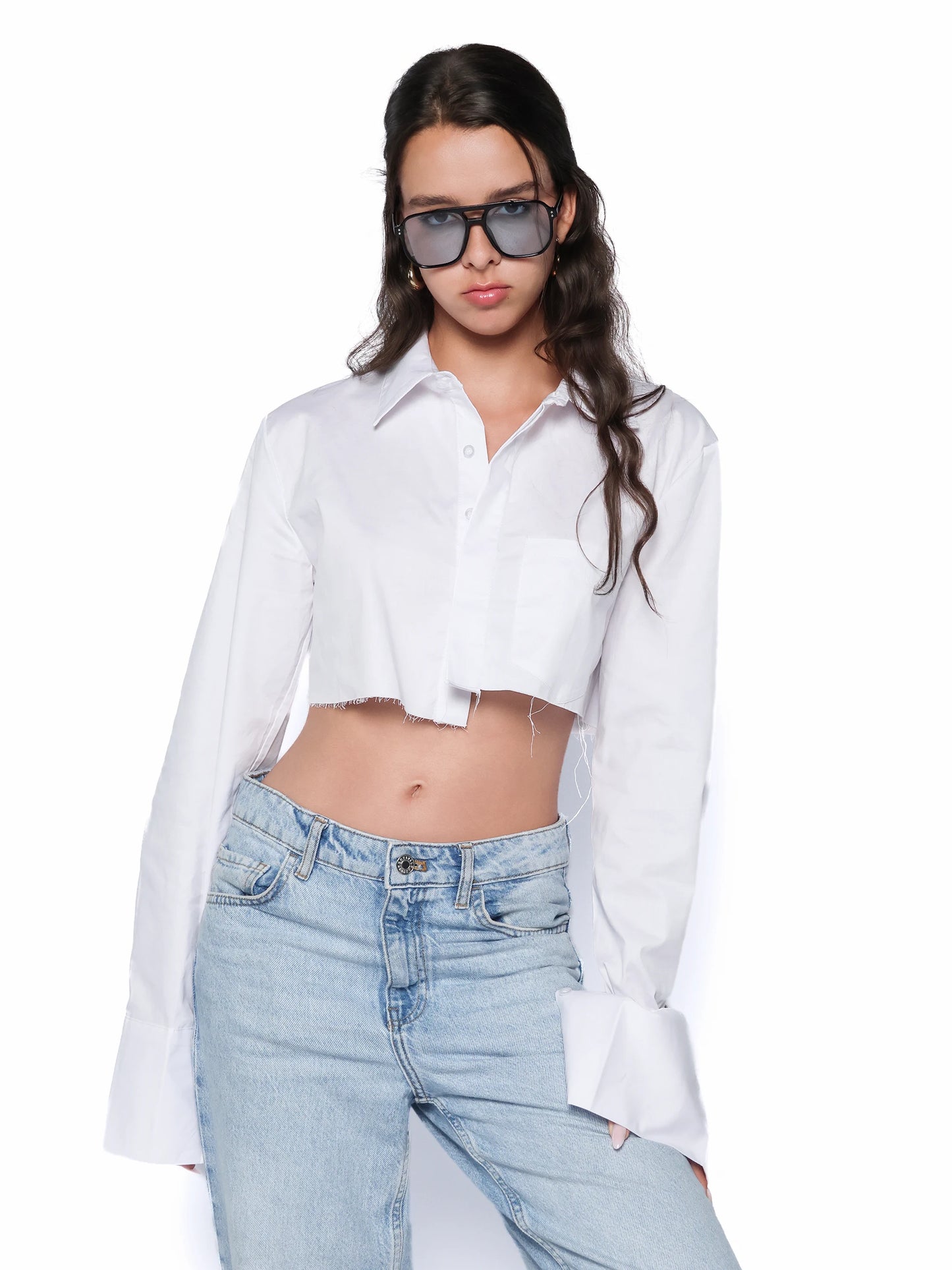 Camasa cropped din bumbac, Blanca