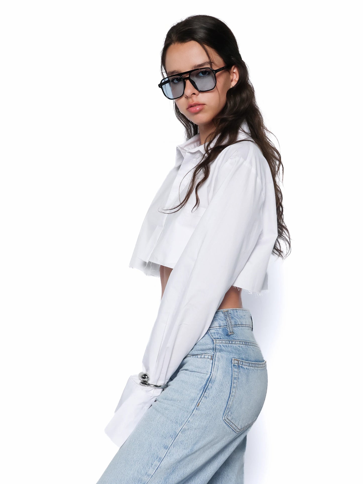 Camasa cropped din bumbac, Blanca