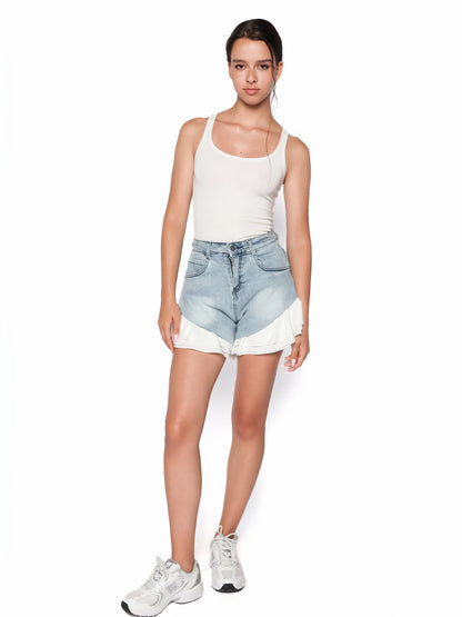 Pantaloni scurti din denim cu volane albe, Dora