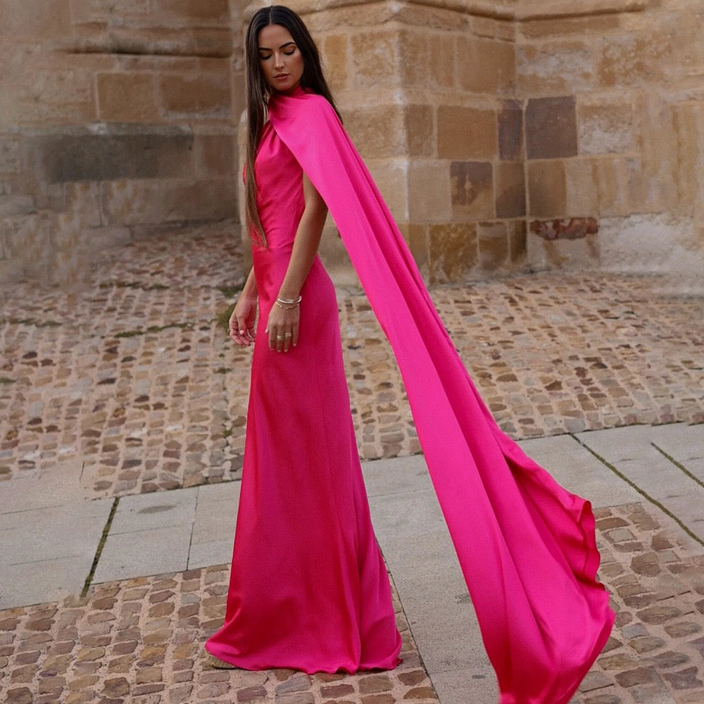 Rochie lunga satinata cu detaliu tip esarfa fluida, Alma