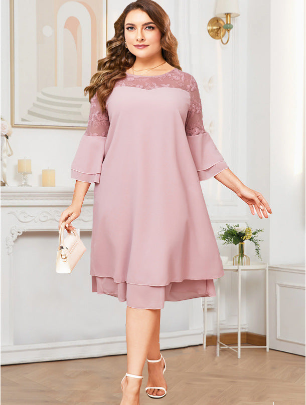 Rochie lejera din voal cu dantela eleganta pe bust si maneci trei sferturi, Eliza