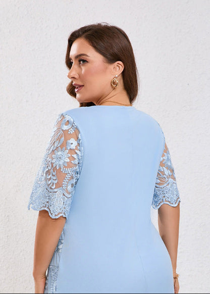 Rochie eleganta tip creion din dantela si stofa elastica, cu maneci transparente, Andra