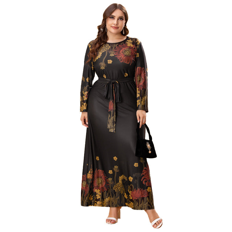 Rochie lunga neagra cu model floral si croiala fluida, Anastasia