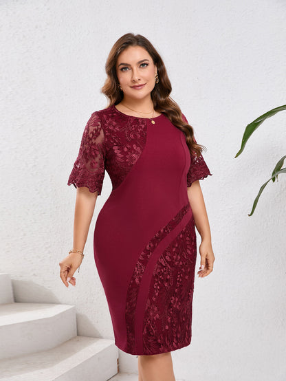 Rochie eleganta tip creion din dantela si stofa elastica, cu maneci transparente, Andra