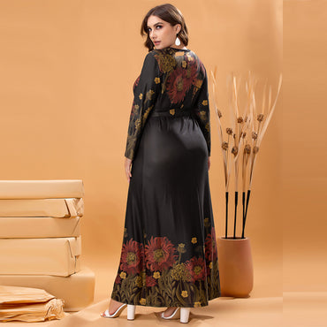 Rochie lunga neagra cu model floral si croiala fluida, Anastasia