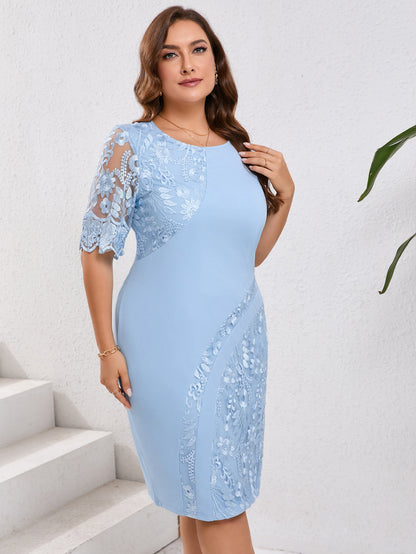 Rochie eleganta tip creion din dantela si stofa elastica, cu maneci transparente, Andra