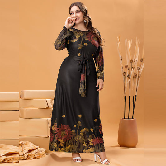 Rochie lunga neagra cu model floral si croiala fluida, Anastasia