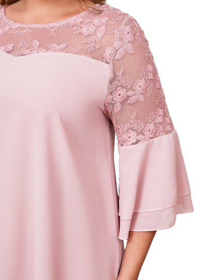 Rochie lejera din voal cu dantela eleganta pe bust si maneci trei sferturi, Eliza